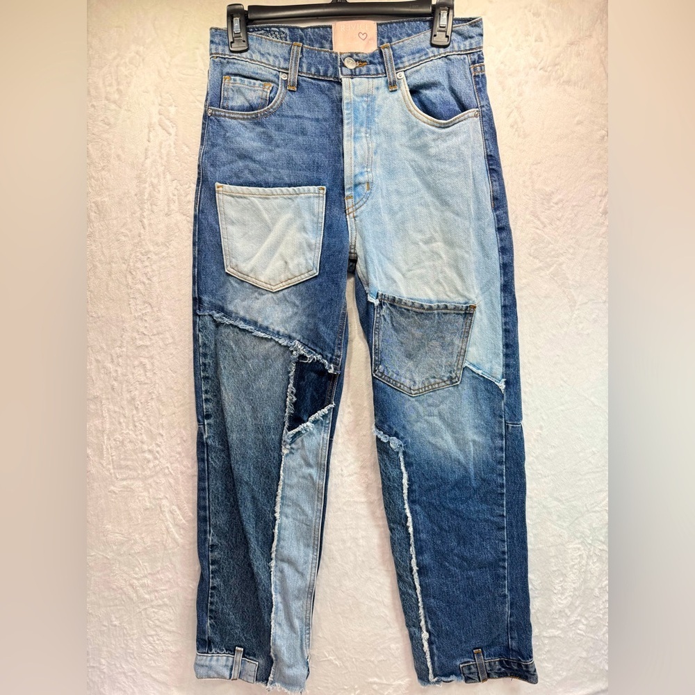 REVICE Patchwork Jeans Frayed Button Fly Blue Denim Pockets Love at First Sight